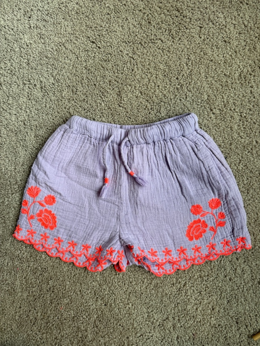 Mini Boden Lavender Shorts with Neon Coral Embroidery
